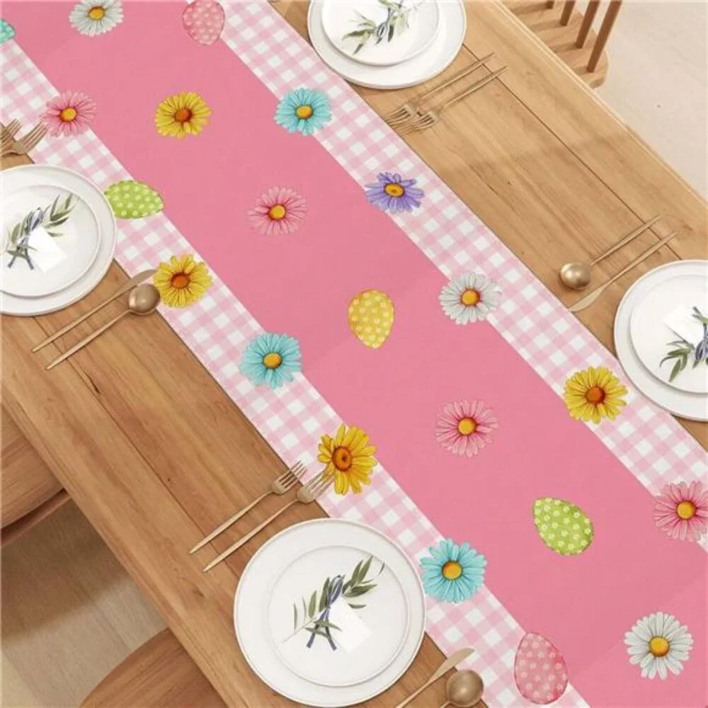 Linen Pink and White Buffalo Check Plaid Easter Table Runner 72 Inches Long